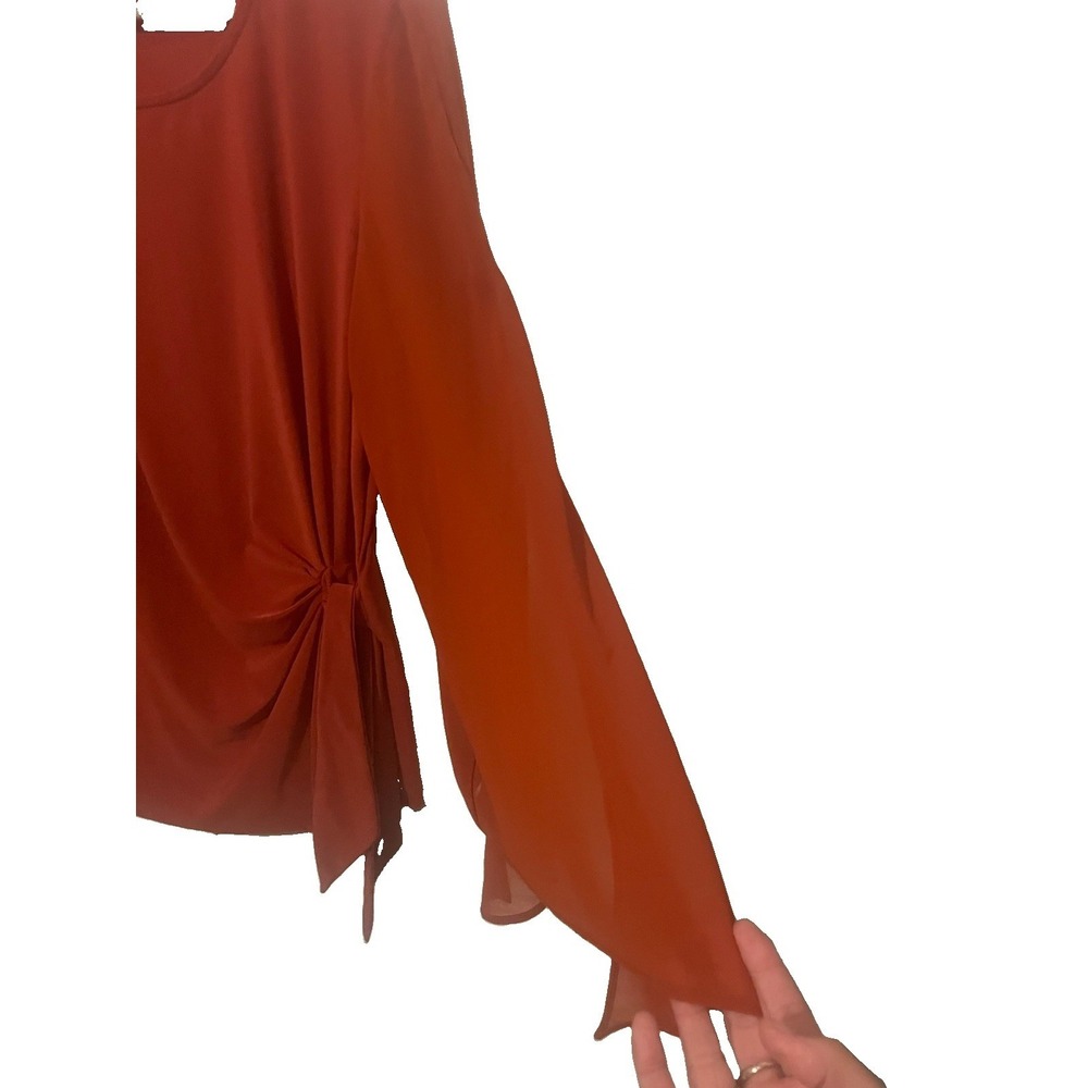 Coco Bianco Blouse Women's Rust Side Tie Ruched Long Sheer Sleeve Stretch Top‎ - Picture 4 of 6
